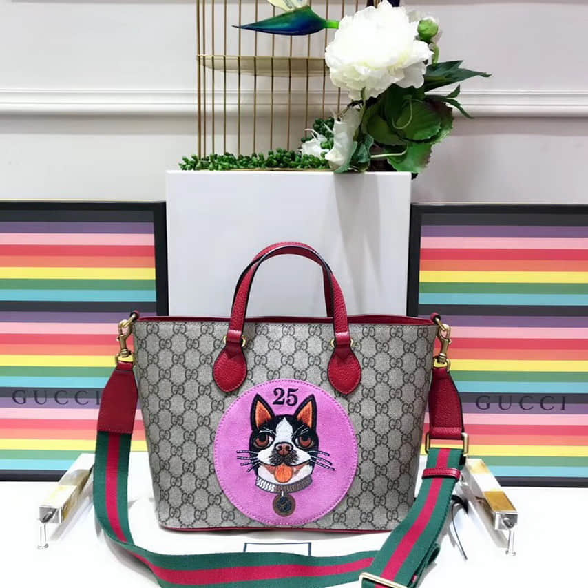 奢侈品牌 古驰女包购物袋 Gucci/波士顿梗犬Bosco刺绣贴花购物袋 473887 
