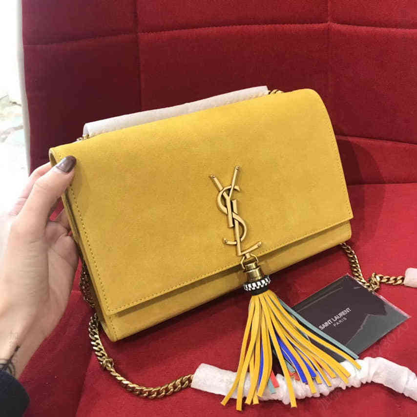 高仿圣罗兰女士斜跨包 奢侈品牌圣罗兰女士斜跨包 圣罗兰YSL（Saint laurent）黄色鹿绒皮流苏斜挎包501518 