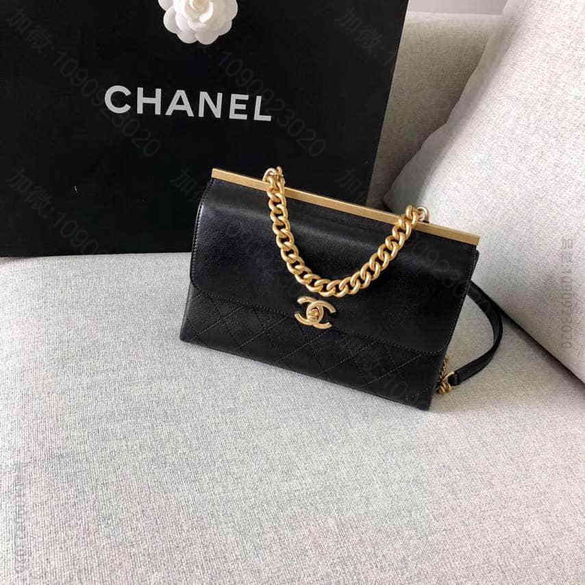 Chanel/香奈儿2023新款早春口盖包羊皮革金属链条包A57086黑色