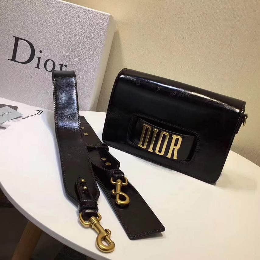 迪奥Dior 宽肩带油蜡皮单肩斜挎包 黑色
