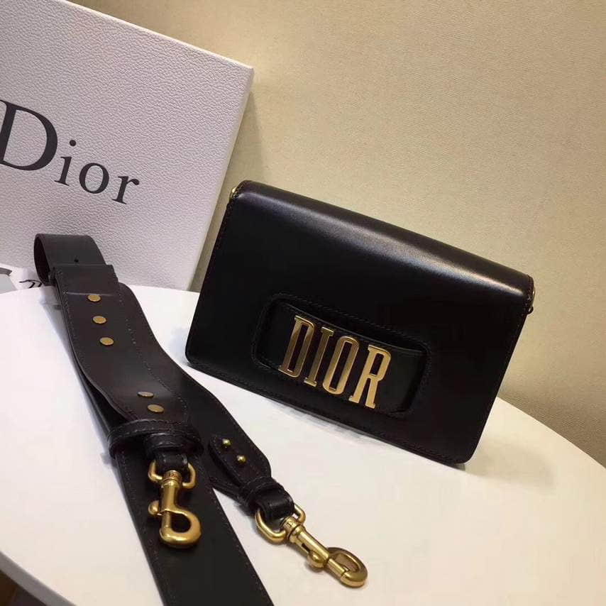 迪奥Dior 宽肩带小牛皮单肩斜挎包 黑色