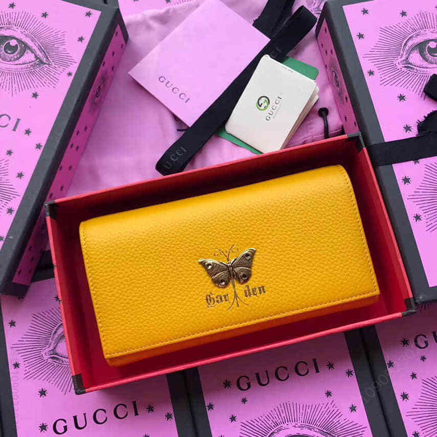 Gucci古驰/Garden 蝴蝶金属装饰翻盖钱包516926黄色