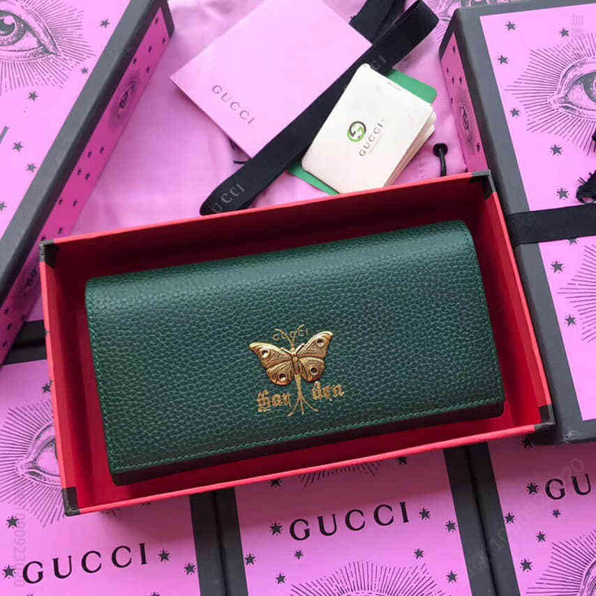 Gucci古驰/Garden 蝴蝶金属装饰翻盖钱包516926墨绿
