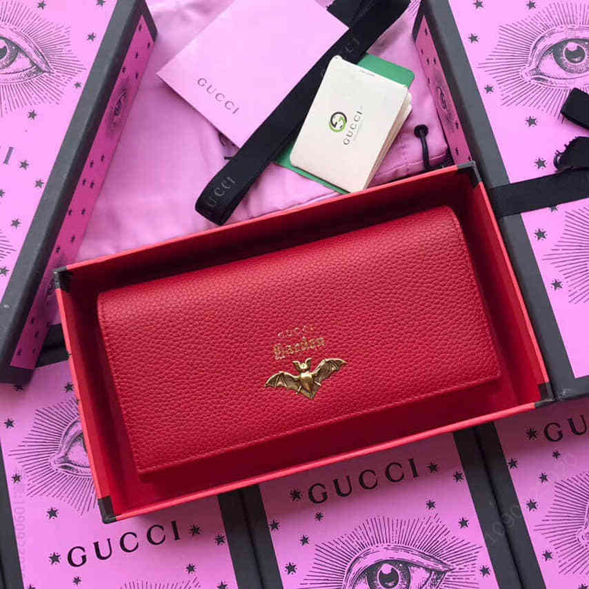 Gucci古驰/Garden 蝙蝠金属装饰翻盖钱包516926大红