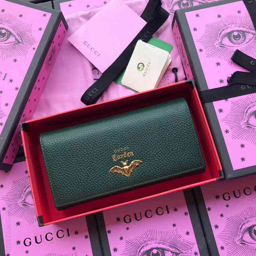 Gucci古驰/Garden 蝙蝠金属装饰翻盖钱包516926墨绿