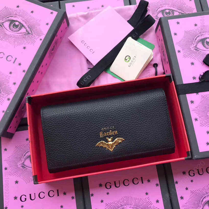 Gucci古驰/Garden 蝙蝠金属装饰翻盖钱包516926黑色