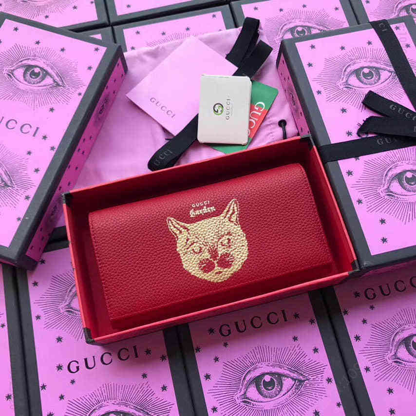 Gucci古驰/Garden Cat 猫咪烫金印花翻盖钱包521556大红