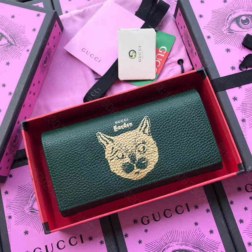 Gucci古驰/Garden Cat 猫咪烫金印花翻盖钱包521556墨绿