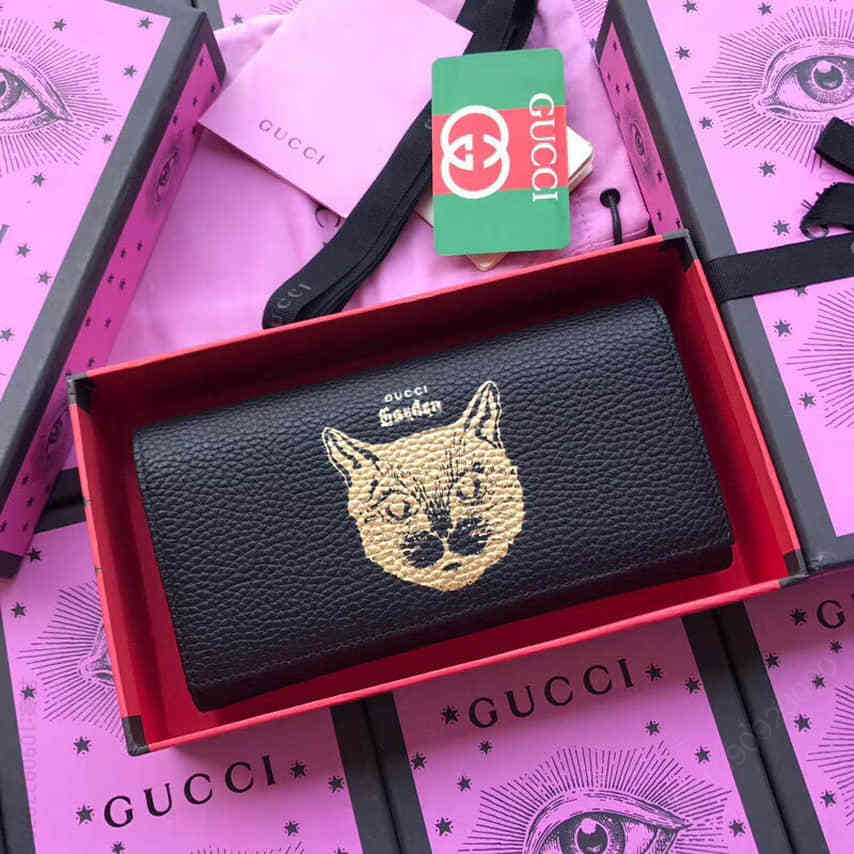 Gucci古驰/Garden Cat 猫咪烫金印花翻盖钱包521556黑色