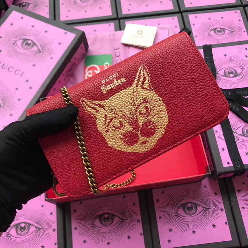 古驰单肩包 Gucci/Garden Cat Woc 猫咪烫金印花链条包521552大红 古驰单肩包 