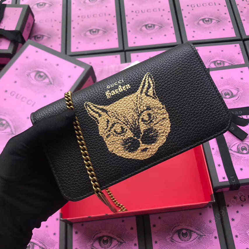 Gucci古驰/Garden Cat Woc 猫咪烫金印花链条包521552黑色