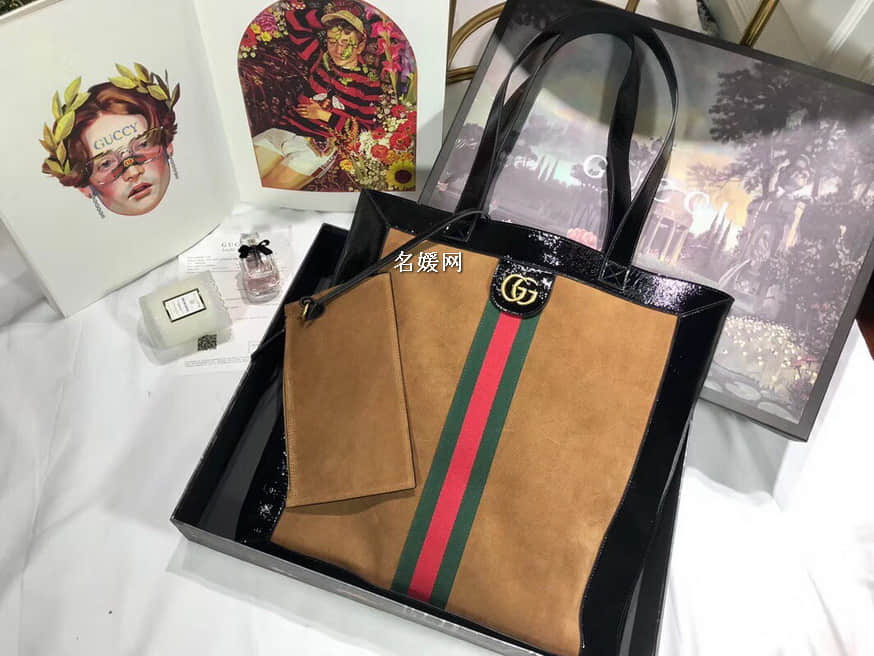 Gucci古驰 /Ophidia系列麂皮条纹织带大号购物袋519335