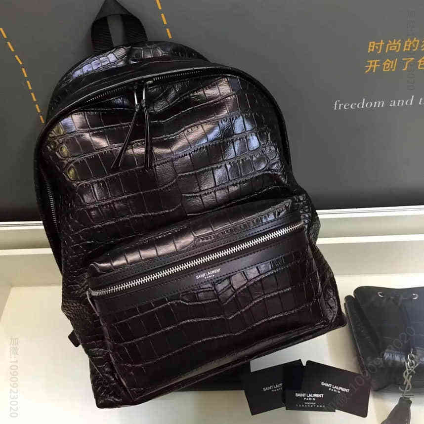 圣罗兰Saintlaurent HUNTING黑色鳄鱼压纹背包 品牌双肩包女