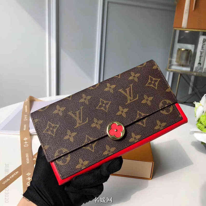 LV/路易威登 老花拼色花朵饰钉长款Flore钱夹 红色