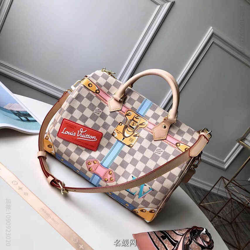 路易威登LV挂锁丝印皮革贴饰徽章图案Speedy 30手提包 N41063
