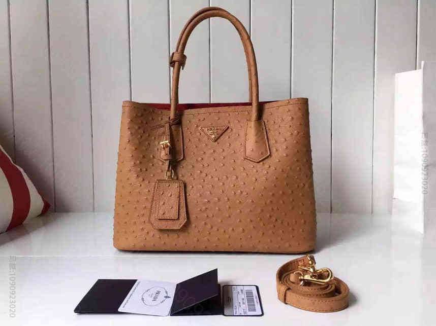 PRADA 专柜最新鸵鸟纹 Double Saffiano 手提女包 顶级包...