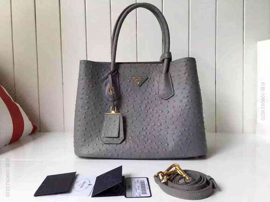 PRADA 专柜最新鸵鸟纹 Double Saffiano 手提女包 世界顶...