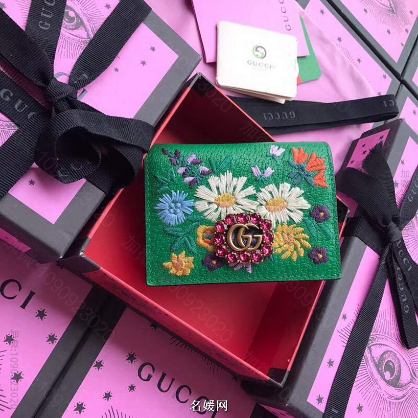 Gucci古驰/GG Marmont 花朵刺绣水钻装饰拉链卡包 499311