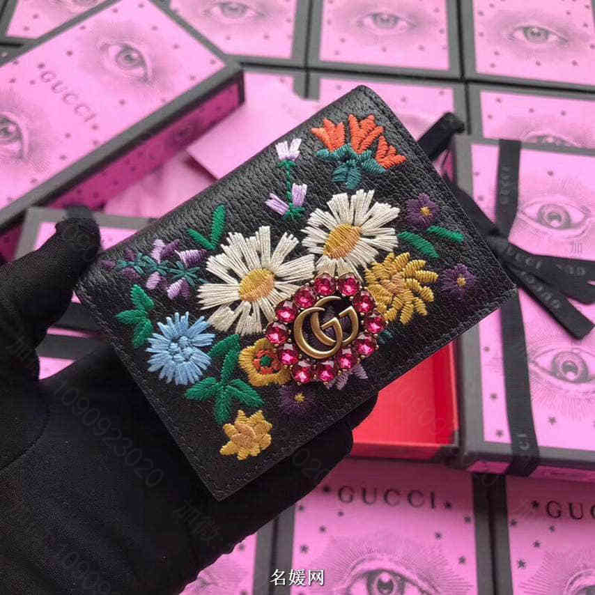 Gucci古驰/GG Marmont 花朵刺绣水钻装饰拉链卡包 499311