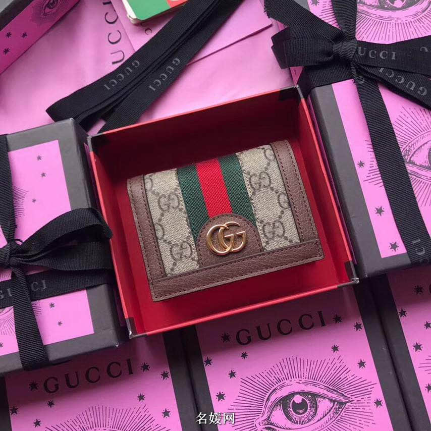 Gucci 古驰女士钱夹/Ophidia Card Case 复古织带装饰拉链卡包 523155 