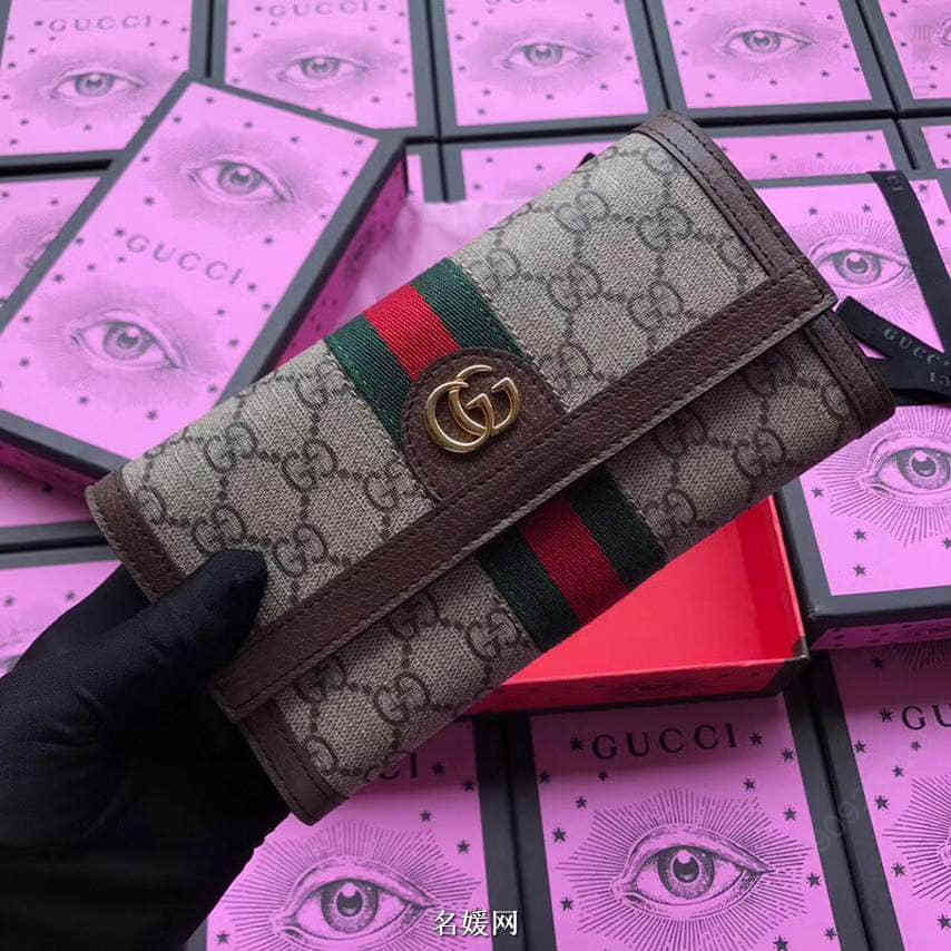 Gucci古驰/Ophidia 织带装饰复古翻盖钱包 523153