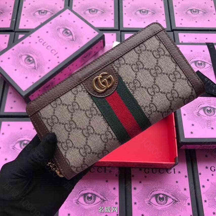 Gucci古驰/Ophidia 织带装饰复古拉链钱包 523154