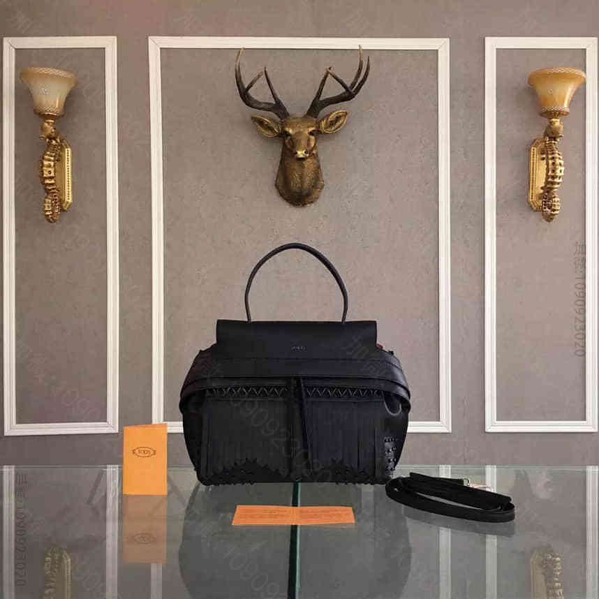 TODS63351大号溜须黑色春夏Wave大嘴包新款流苏拼接女士顶级包包品牌