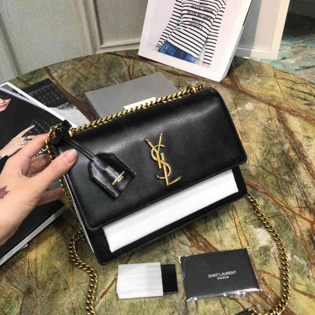 YSL/圣罗兰 18ss 牙签纹黑白配色sunset mini bag链条包...