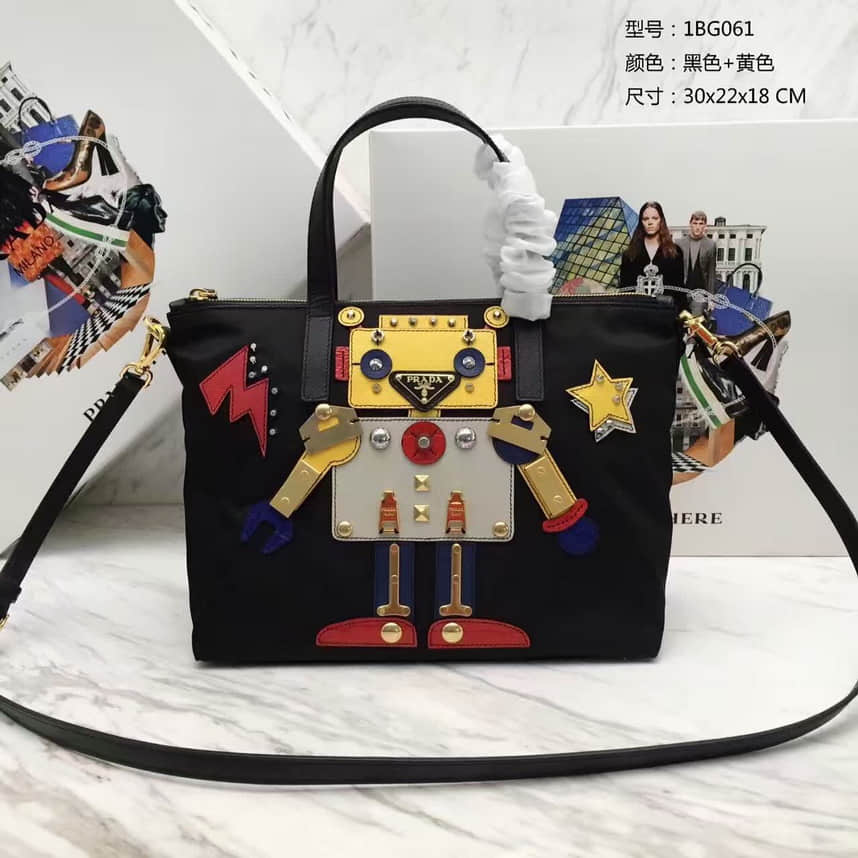 (普拉达）PRADA 1BG061 【原单】最新款机器人手提袋+购物 黑色+黄色