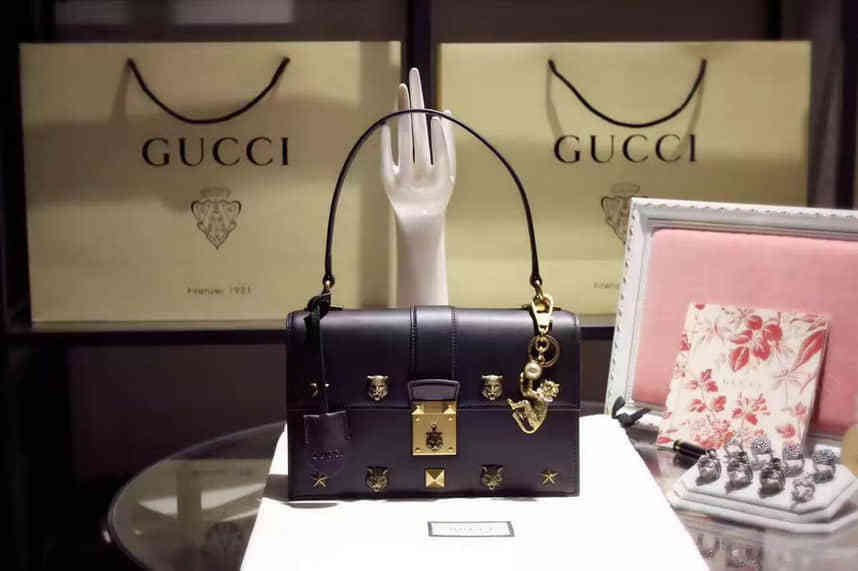 Gucci古驰 【原单】 421997 AP00T 1000 猫形锁扣真皮手提包/手挽袋
