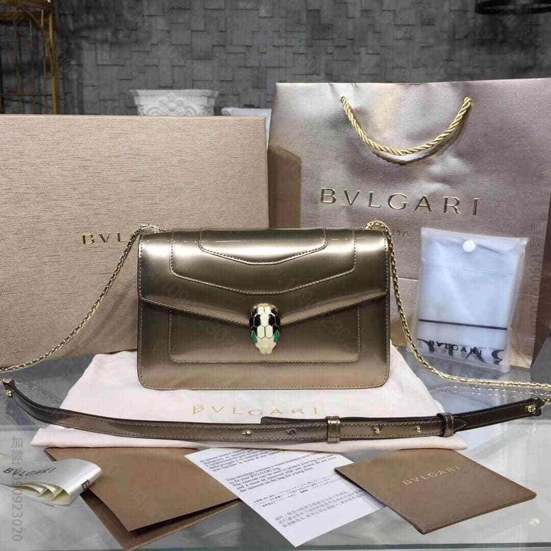 BVLGARI 磨砂质感镜面小牛皮金属古铜金 22CM单层
