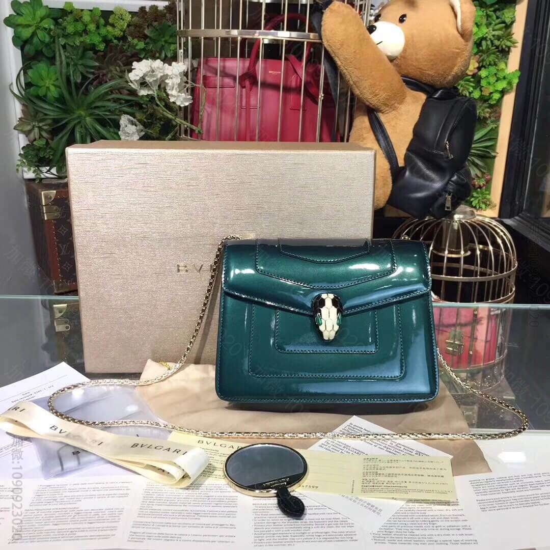32285_奢侈名品宝格丽斜跨女包 BVLGARI磨砂质感镜面小牛皮祖母绿 20CM单层蛇头包