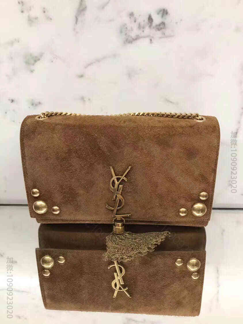 圣罗兰ysl KATE 中号饰钉抹茶色麂皮流苏穗链条包 356095