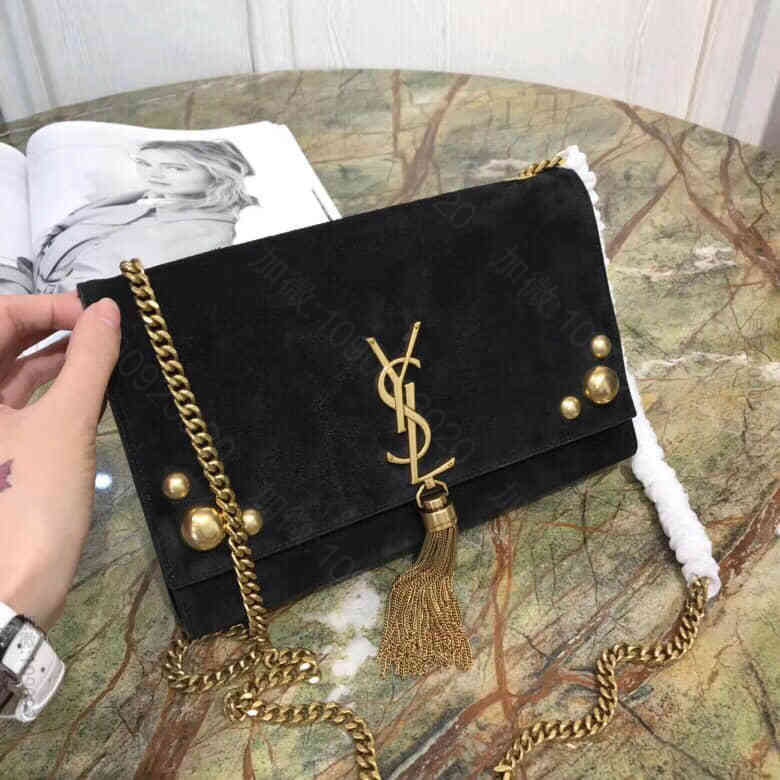 圣罗兰ysl KATE 中号饰钉黑色麂皮流苏穗链条包 356095