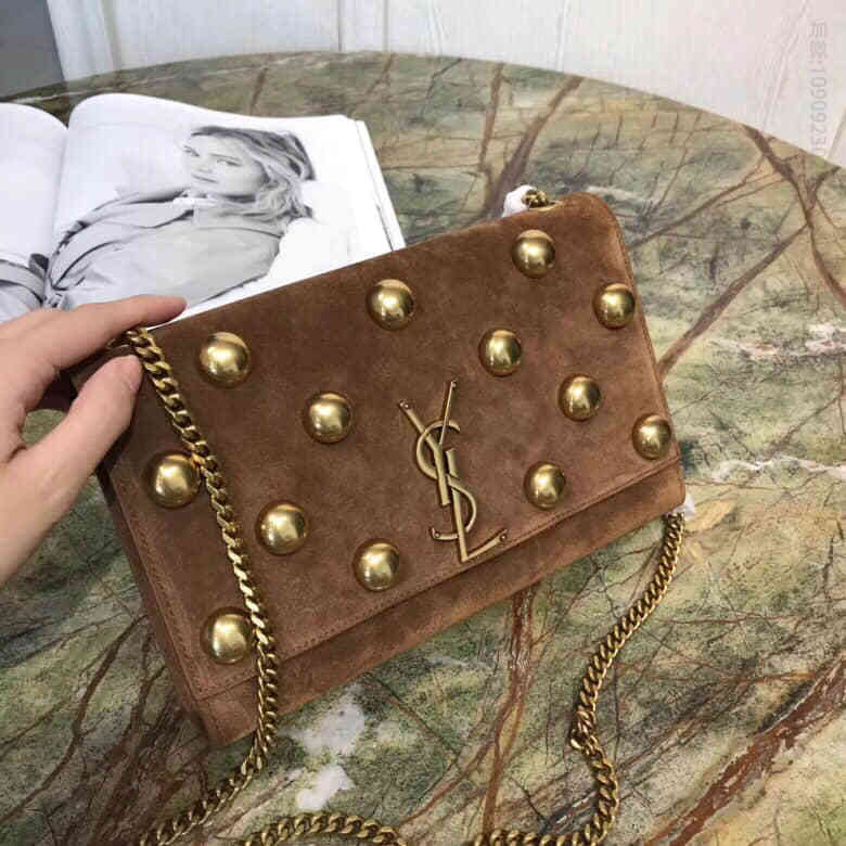 圣罗兰ysl KATE 中号饰钉土黄色麂皮链条包 364051