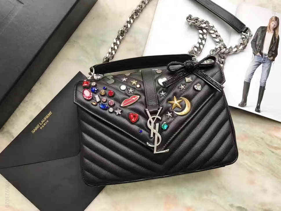 YSL圣罗兰MONOGRAM SAINT LAURENT COLLÈGE黑色提花真皮和彩色水晶铆钉包