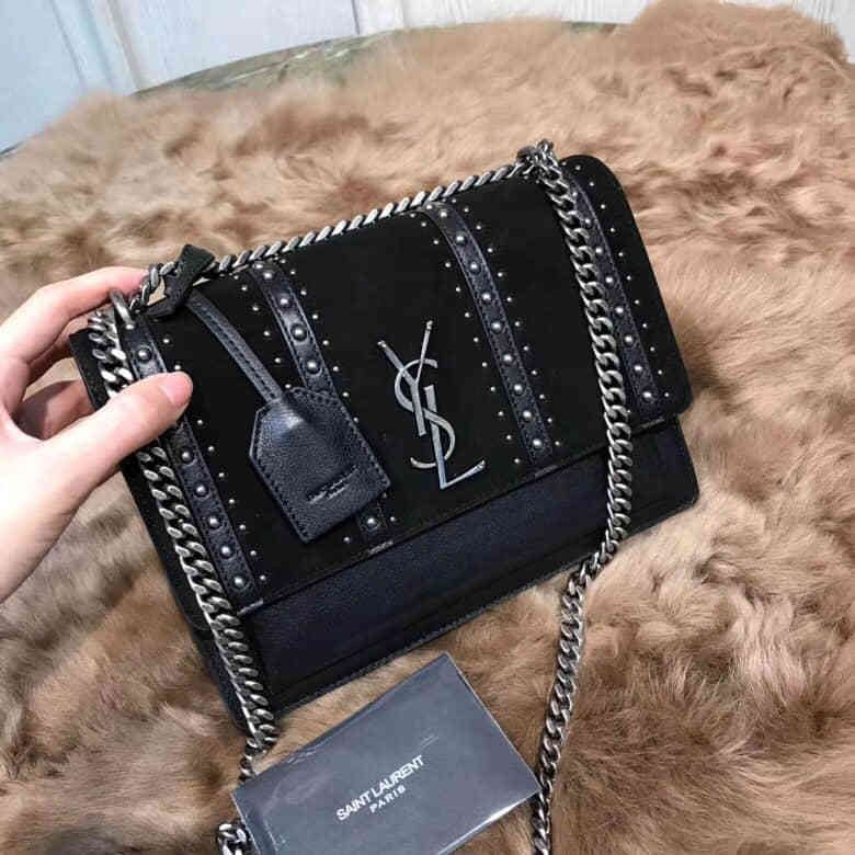 圣罗兰ysl SUNSET 中号饰钉黑色真皮麂皮包 470426