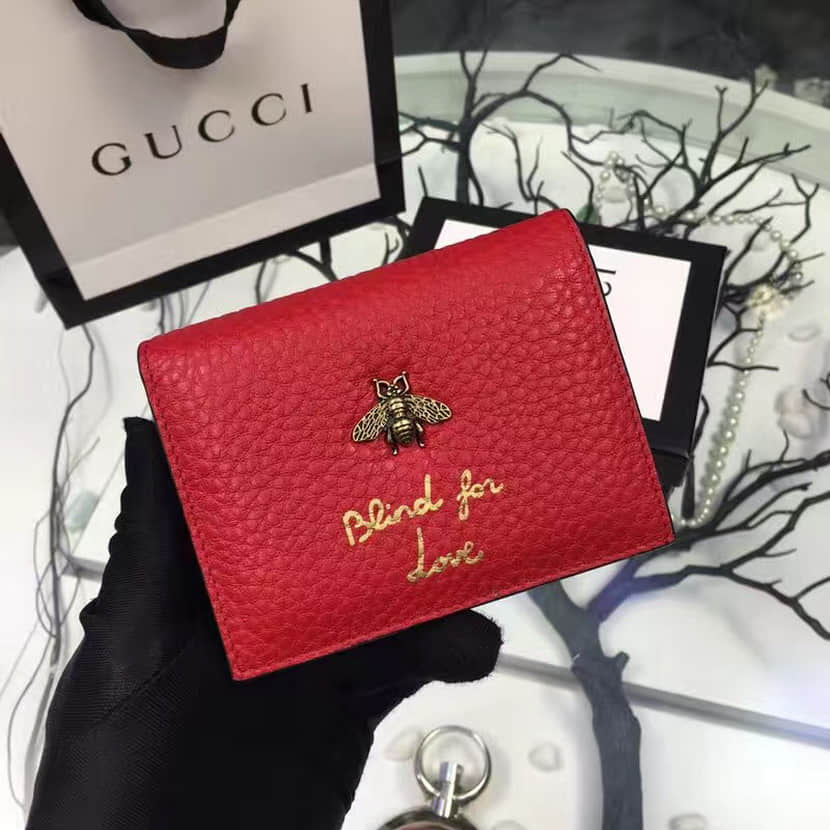 古驰钱包 Gucci 专柜同款蜜蜂标志压印Animalier真皮卡片夹460185大红色 