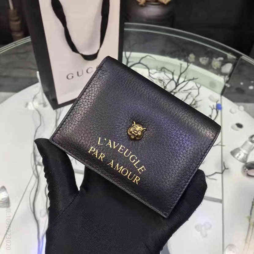 Gucci古驰 官网同款蜜蜂标志压印Blind for Love真皮卡片夹460185黑色