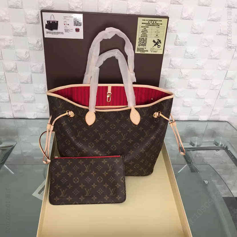 LV Neverfull 经典中号手袋 路易威登老花大红购物袋/子母袋M41177