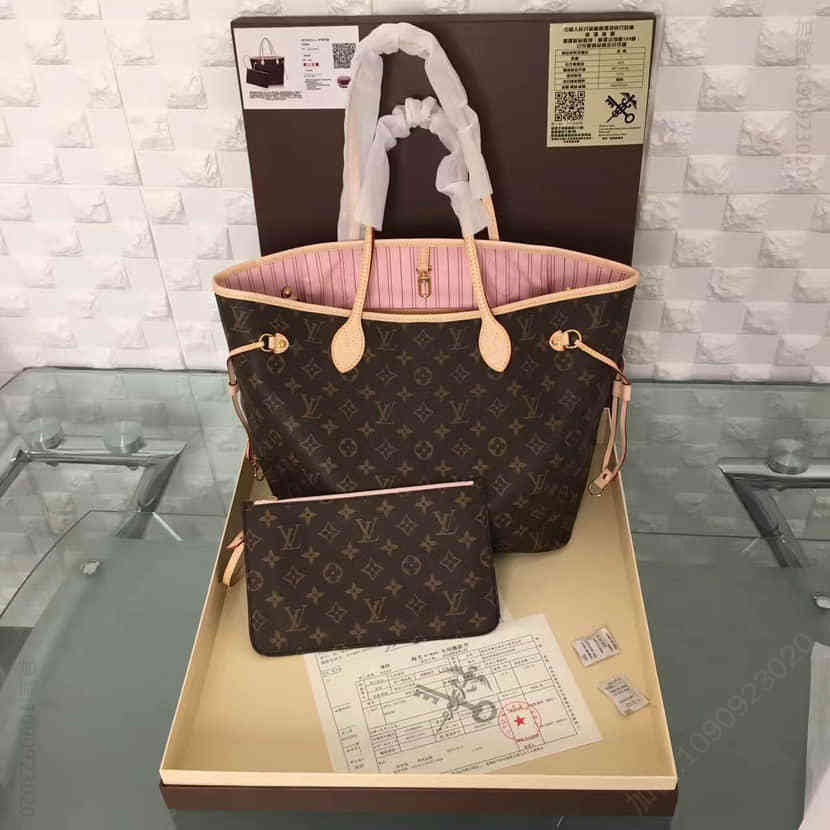 LV Neverfull 经典中号手袋 路易威登老花粉色购物袋/子母袋M50366