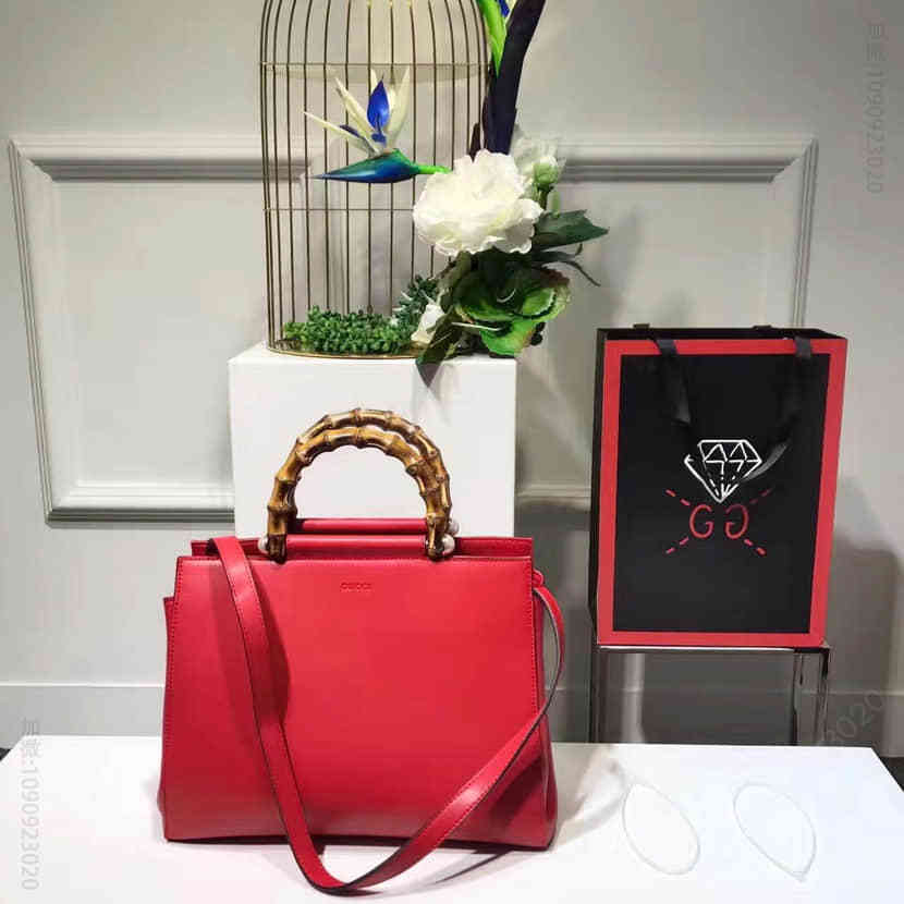 Gucci古驰 竹节提手珍珠中号真皮手提包 Nymphaea真皮手提包453766