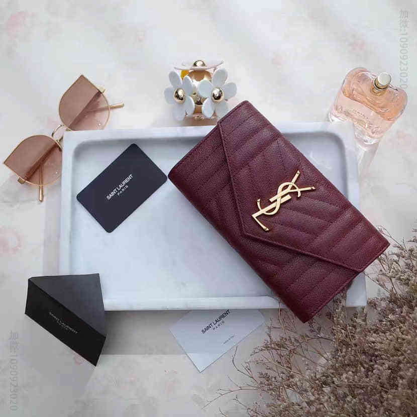 YSL 437469 MONOGRAM SAINT LAURENT暗红金混合提花凸纹缝线装饰皮革有盖钱包