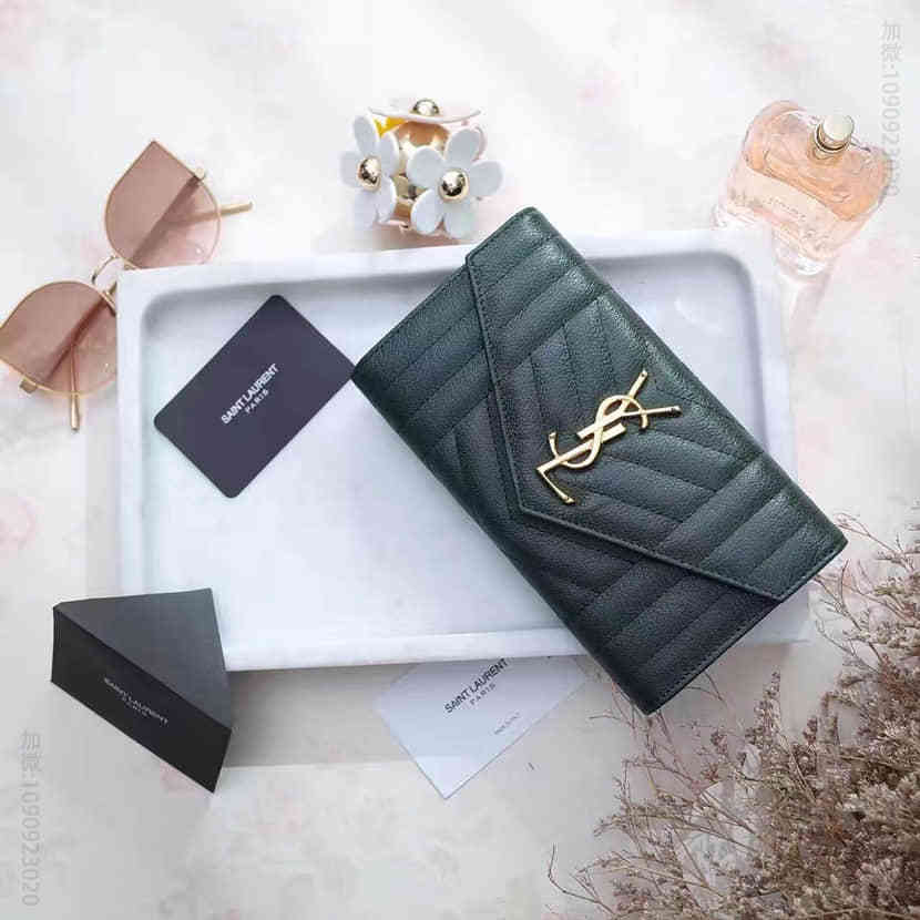 圣罗兰437469 MONOGRAM SAINT LAURENT墨绿金混合提花凸纹缝线装饰皮革按扣钱包