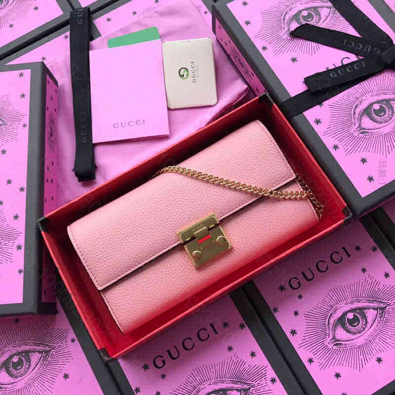 Gucci古驰/ padlock系列樱花粉摔纹全皮二折款链条包 453506