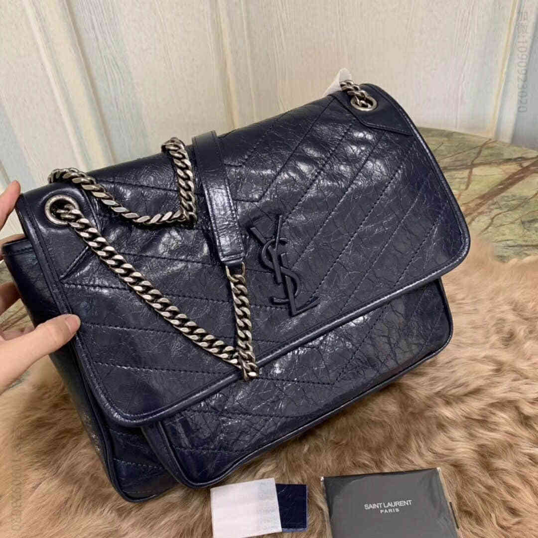 ysl/圣罗兰Saint Laurent大号niki复古旧褶皱雾绗缝皮革邮差包498830藏蓝