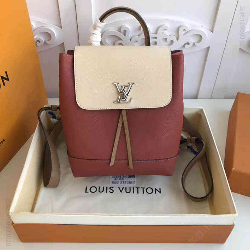 LV/路易威登 小牛皮Lockme双肩包M44250 玫瑰粉/奶油/芝麻色