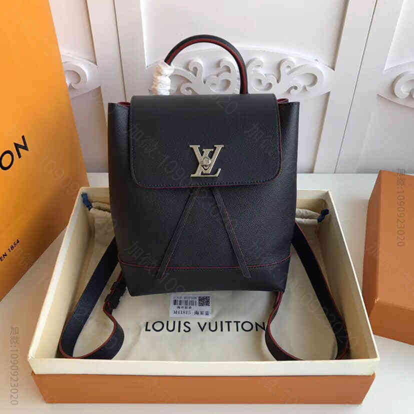 LV/路易威登 小牛皮Lockme双肩包M43879 深海蓝拼红色