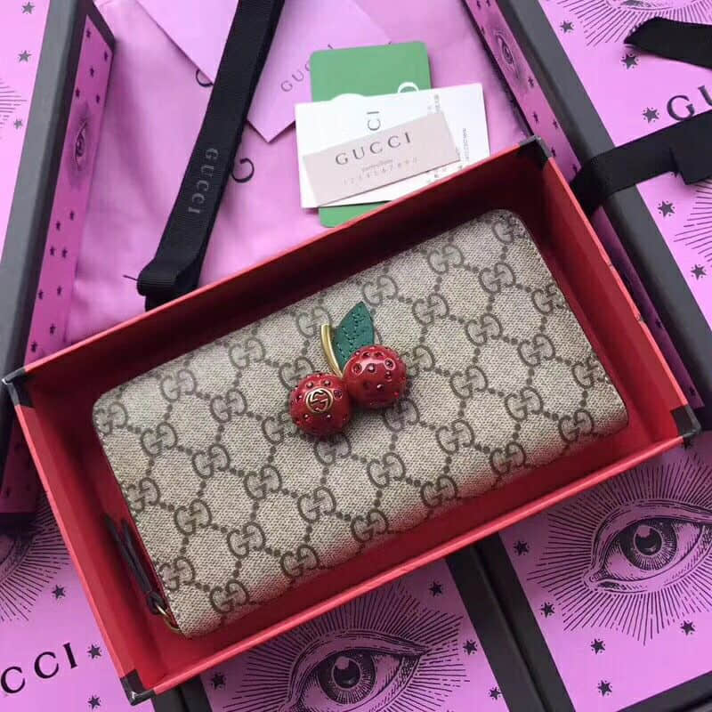Gucci古驰 /GG Supreme Zip Around Wallet With Cherries 樱桃拉链钱包476049