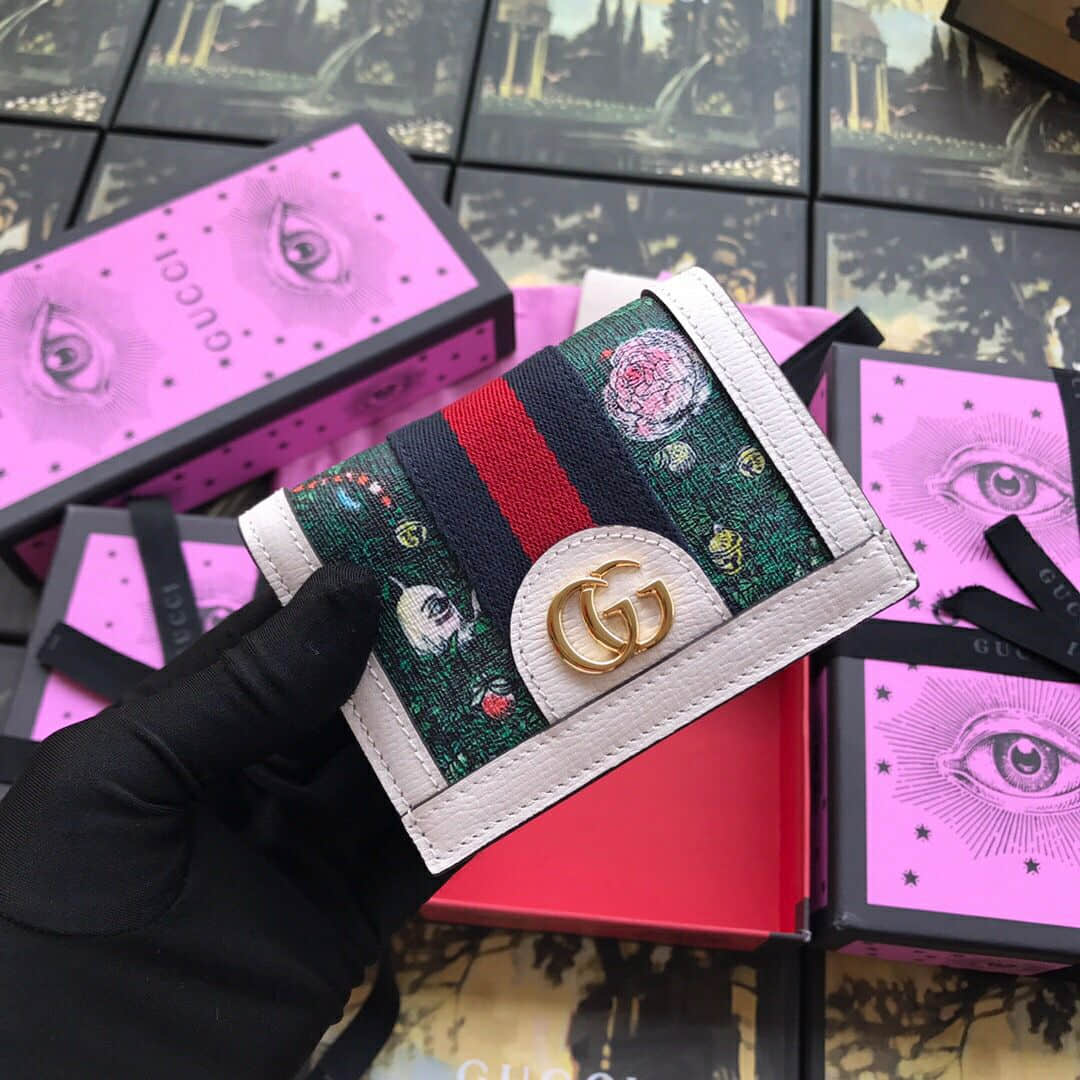 Gucci古驰/Ophidia Card Case绿色花园涂鸦图案卡包 523155